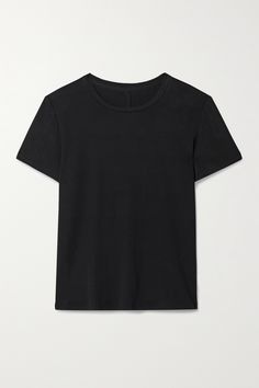 The Row's 'Fedras' T-shirt is exactly the type of versatile staple we rely on the brand for. Made from black stretch-jersey, it has a slightly loose fit and classic crew neckline. Style yours with everything from distressed jeans to wide-leg tailoring. Fitted Black Jersey T-shirt, Fitted Black Jersey Top, Distressed Top, Floral Dresses Short, Sport Swimwear, Latest T Shirt, Loose Jeans, Black Stretch, Black Media