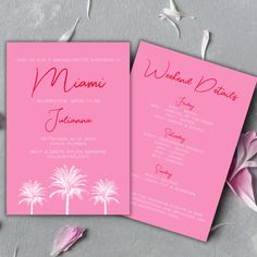 two pink wedding cards with palm trees on the front and back, sitting next to each other