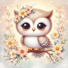 an owl is sitting on a branch with flowers