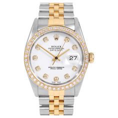 Swiss Wrist - SKU 16013-WHT-DIA-AM-BDS-JBL Brand : Rolex Model : Datejust Ref# 16013 - Plastic Quickset Model Gender : Mens Metals : 14K Yellow Gold/ Stainless Steel Case Size : 36 mm Dial : Custom White Diamond Dial (This dial is not original Rolex And has been added aftermarket yet is a beautiful Custom addition) Bezel : Custom 10K Yellow Gold 1ct. Diamond Bezel (This bezel is not original Rolex And has been added aftermarket yet is a beautiful Custom addition) Bracelet : Original Rolex 14K Ye Rolex Diamond, Rolex Models, Bezel Diamond, Stainless Steel Case, White Diamond, Rolex, Wrist Watch, Water Resistant, Yellow Gold