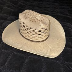 Size: 7 1/8 Color: Cream/Brown Worn Once Like Brand New Cream Panama Hat With Short Brim For Ranch, Western Cream Sun Hat For Rodeo, Cream Sun Hat With Curved Brim For Rodeo, Western Style Cream Sun Hat For Rodeo, Western Cream Straw Hat For Spring, Cream Western Straw Hat For Spring, White Brimmed Country Hat, Cream Panama Hat For Rodeo, White Country Style Brimmed Hat