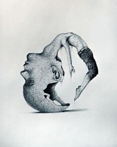 a pencil drawing of a man falling off his head into the air with one hand