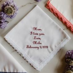 Simple but sweet, this mother of the bride handkerchief makes for a perfect keepsake from your wedding day. Shop for handkerchiefs to give your mom. Personalize them with your name, wedding date and thread color or create your own! #thehandkerchiefshop #motherofthebridehandkerchief #weddinghandkerchief #personalizedhandkerchief Bride Handkerchief, Groom Handkerchief, Wedding Handkerchief, Happy Tears, Wedding Date, Mother Of The Groom, Your Name, Mother Of The Bride, The Bride