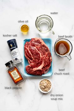 the ingredients to make an easy steak recipe laid out on a white marble counter top