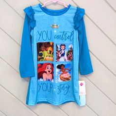 Nwt Disney Xs Night Gown 4/5 Long Sleeve Sleepwear With Character Print, Character Print Long Sleeve Sleepwear For Sleepover, Blue Long Sleeve Bedtime Dress, Blue Long Sleeve Dress For Pajama Party, Cute Long Sleeve Character Print Sleepwear, Cute Blue Loungewear Dress, Cute Long Sleeve Sleepwear With Character Print, Blue Long Sleeve Sleepwear With Character Print, Blue Cotton Dress For Pajama Party