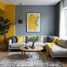 a living room with yellow and gray walls