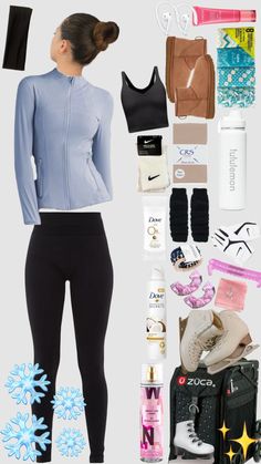 a woman in tights and sports bra standing next to various items