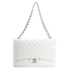 Chanel excellent condition maxi flap in white caviar leather and silver tone hardware. Collection 15. Shoulder drop 11”/19” Comes with hologram and original box. Coco Chanel Bags, White Chanel Bag, Chanel Bag Classic, Trending Handbags, Luxurious Bags, Chanel White, White Purse, Chanel Purse, White Purses