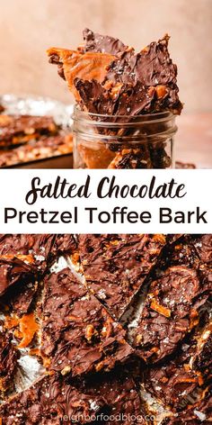 salted chocolate pretzel toffee bark recipe in a glass jar with text overlay