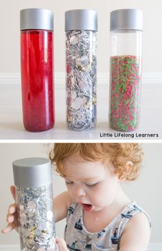 three different views of the same child's hand holding a jar with sprinkles in it