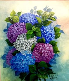 a painting of blue, purple and white flowers in a vase with leaves on it