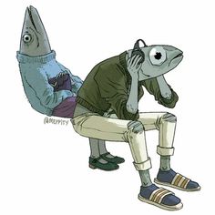 a man sitting on top of a chair next to a shark wearing a sweater and shoes