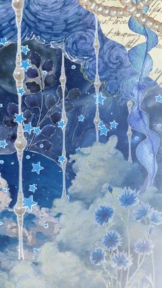 a painting with blue stars hanging from it's sides and clouds in the background