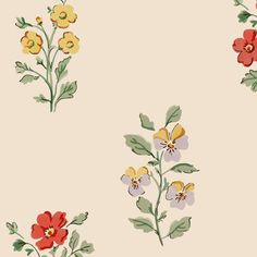 an image of flowers that are on a wallpaper pattern in beige and red colors