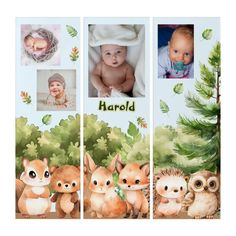 three pictures of babies and animals with leaves on them, one baby is wearing a hat