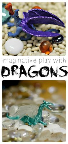 an image of some toys and rocks with the words imagine play with dragon's