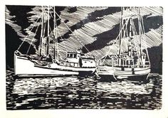 black and white drawing of two boats in the water