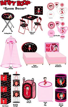 an assortment of items from the betty bow room decor collection, including pink and black furniture