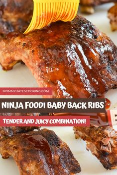 baby back ribs with bbq sauce being drizzled on them and the words tender & juicy