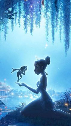 the princess and the frog is sitting in front of a lake with many other animals