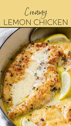 a pan filled with chicken and lemon slices