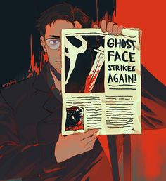 a man holding up a newspaper with a ghost face on it