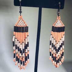 Coral Beaded Drop Earrings, Bohemian Beaded Coral Earrings, Bohemian Coral Dangle Earrings, Seed Bead Fringe Earrings, Bead Fringe Earrings, Karen Johnson, Bead Fringe, Bronze Earrings, Bugle Beads