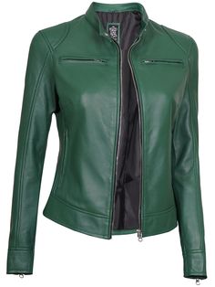 Embrace a style that's hard to forget with our Women's Green Leather Motorcycle Cafe Racer Jacket. Crafted with precision from real lambskin leather, its vibrant green color is a beacon of uniqueness. Specification: 100% Real Lambskin Leather. Internal fully lined with Polyester Fabric. Front zipper closure, zippered cuffs. Four outer pockets, and two inside. One extra inside pocket for mobile. Green Color Peplum Leather Jacket, Asymmetrical Leather Jacket, Green Motorcycle, Green Leather Jacket, Leather Jacket For Women, Cafe Racer Leather Jacket, Varsity Jacket Women, Motorcycle Jacket Women, Womens Moto Jacket