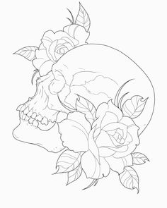 a drawing of a skull with roses on it