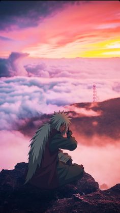 an anime character sitting on top of a mountain looking at the sky with clouds in the background