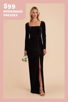 a woman in a black dress with the words $ 99 bridesmaid dresses on it