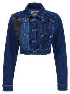 Patchwork denim jacket, crop model with button closure. Composition: 99% cotton 1% elastane Denim Jacket Crop, Jacket Crop, Patchwork Denim Jacket, Moschino Jeans, Jeans Cropped, Tie Scarf, Patchwork Denim, Cropped Denim Jacket, Blazer Vest