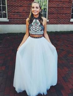 Prom Gowns Elegant, White Prom Dresses, White Evening Gowns, White Prom, Princess Prom Dresses, White Homecoming Dresses, Prom Dresses 2017, Homecoming Dresses Long, Prom Dresses Two Piece