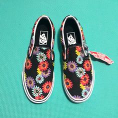 Nice Black Canvas With Peace Floral Design And White Sole Vans Floral Print Summer Sneakers, Vans Floral Print Sneakers For Summer, Vans Cushioned Sneakers For Summer, Black Vans Sneakers For Summer, Vans Sneakers With Cushioned Footbed For Summer, Vans Slip-on Sneakers For Spring, Black Floral Print Sneakers For Spring, Authentic Vans, Womens Vans