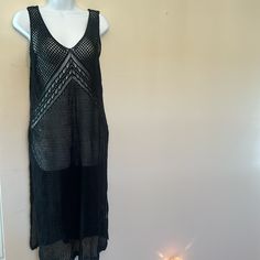 Crochet Beach Cover Up Black Party Cover-up For Spring, Casual V-neck Cover-up For Party, Casual V-neck Party Cover-up, Sleeveless Black Beachwear Cover-up, Sleeveless Black Cover-up For Party, Beachy Black V-neck Cover-up, Black Sleeveless Cover-up For Party, Chic Black Party Cover-up, Elegant Black V-neck Cover-up