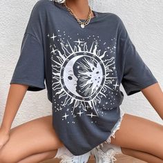 Brand New! 100% Polyester Womens Oversized Tee, Summer Pullover, Loose Fashion, Moon Shirt, Drop Shoulder Tee, Loose Tees, Top Shirt Women, Moon Print, Fashion T Shirt