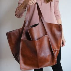 Vacation Tote Bag, Ostrich Bag, Foldover Bag, Slouchy Tote, Matt Brown, Large Leather Tote Bag, Soft Leather Bag, Stylish Tote Bag, Oversized Tote Bag