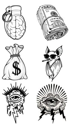 six different types of tattoos with money bags and eyeballs on the front, one in black and white