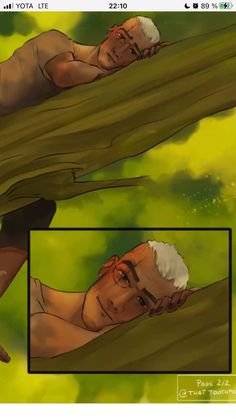 an older man laying on top of a tree next to another person with white hair