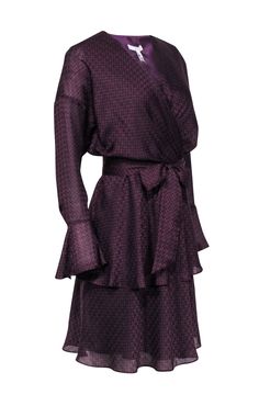 Current Boutique-Joie - Plum Purple & Black Houndstooth Print Ruffled Dress Sz S Purple Formal Dress For Fall, Purple Evening Dress For Fall, Chic Purple Midi Dress For Formal Events, Chic Purple Belted Dress, Chic Purple Dress For Workwear, Chic Purple Dress For Work, Chic Purple Midi Dress For Fall, Purple Dresses For Workwear In Fall, Purple Midi Dress For Fall Date Night