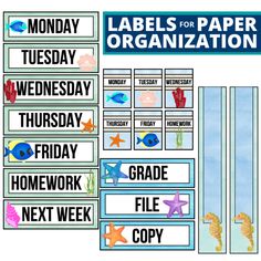 labels for paper organization with sea animals and fish on them, including the words'labels for