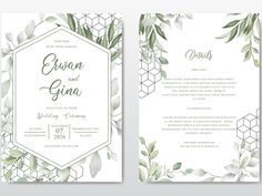 the wedding card is decorated with green leaves and hexagonal shapes on white paper