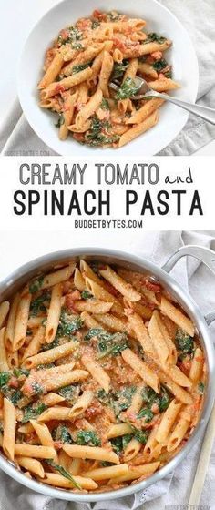 creamy tomato and spinach pasta in a skillet with the title text above it