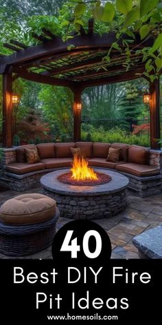 an outdoor fire pit surrounded by seating and trees with text overlay that reads 40 best diy fire pit ideas