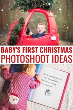 a baby's first christmas photo shoot with santa clause on top and an open book