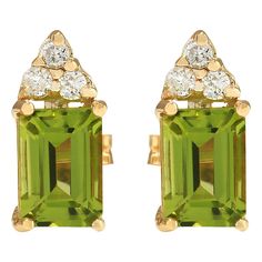 Stamped: 14K Yellow Gold Total Earrings Weight: 1.2 Grams Total Natural Peridot Weight is 2.50 Carat (Measures: 7.00x5.00 mm) Color: Green Total Natural Diamond Weight is 0.15 Carat Color: F-G, Clarity: VS2-SI1 Face Measures: 11.95x5.00 mm Sku: [703310W] Yellow Gold Diamond Earrings, Peridot Stone, August Birthstone, La Face, Gold Diamond Earrings, Colored Gems, Peridot Gemstone, Green Diamond, Green Peridot