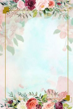 an artistic floral frame with pink and red flowers on a pastel blue watercolor background