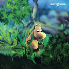 a cartoon squirrel is running through the jungle with trees and bushes in front of him