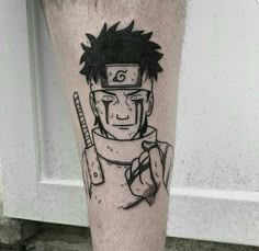 a man's leg with a tattoo on it that has an image of naruta holding a baseball bat