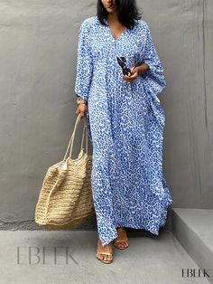 Ebeek - Versatile Womens Beach Dress: Blue Leopard Print V Neck Cover Up Kaftan, Boho Style with Side Split for a Loose Fit Swimwear & Clothing Option Womens Beach Dresses, Plus Size Boho, Blue Leopard Print, Neck Cover, Blue Leopard, Travel Outfits, Bat Sleeve, Beach Covers, Swimwear Outfit